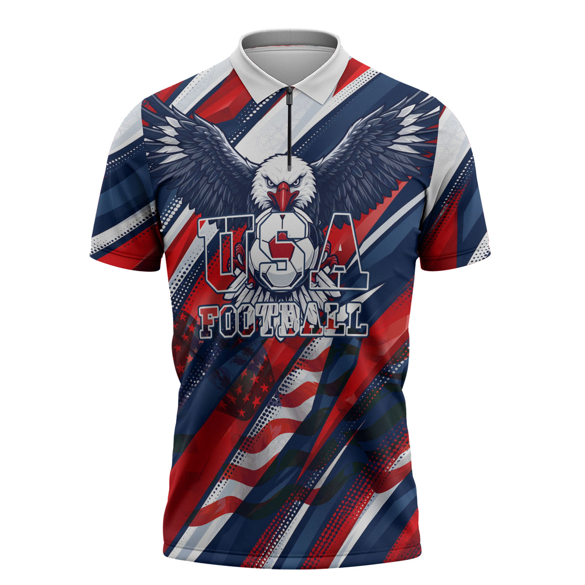 USA World Football Zipper Polo Shirt One Team One Goal - Patriotic Bald Eagle Mascot Soccer
