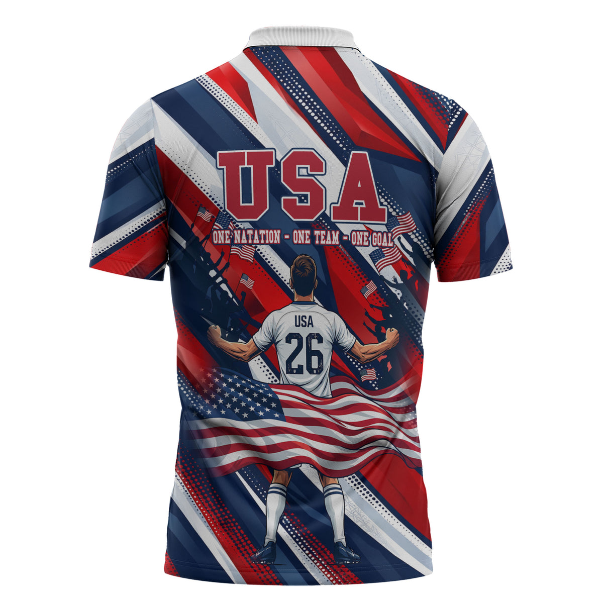 USA World Football Zipper Polo Shirt One Team One Goal - Patriotic Bald Eagle Mascot Soccer