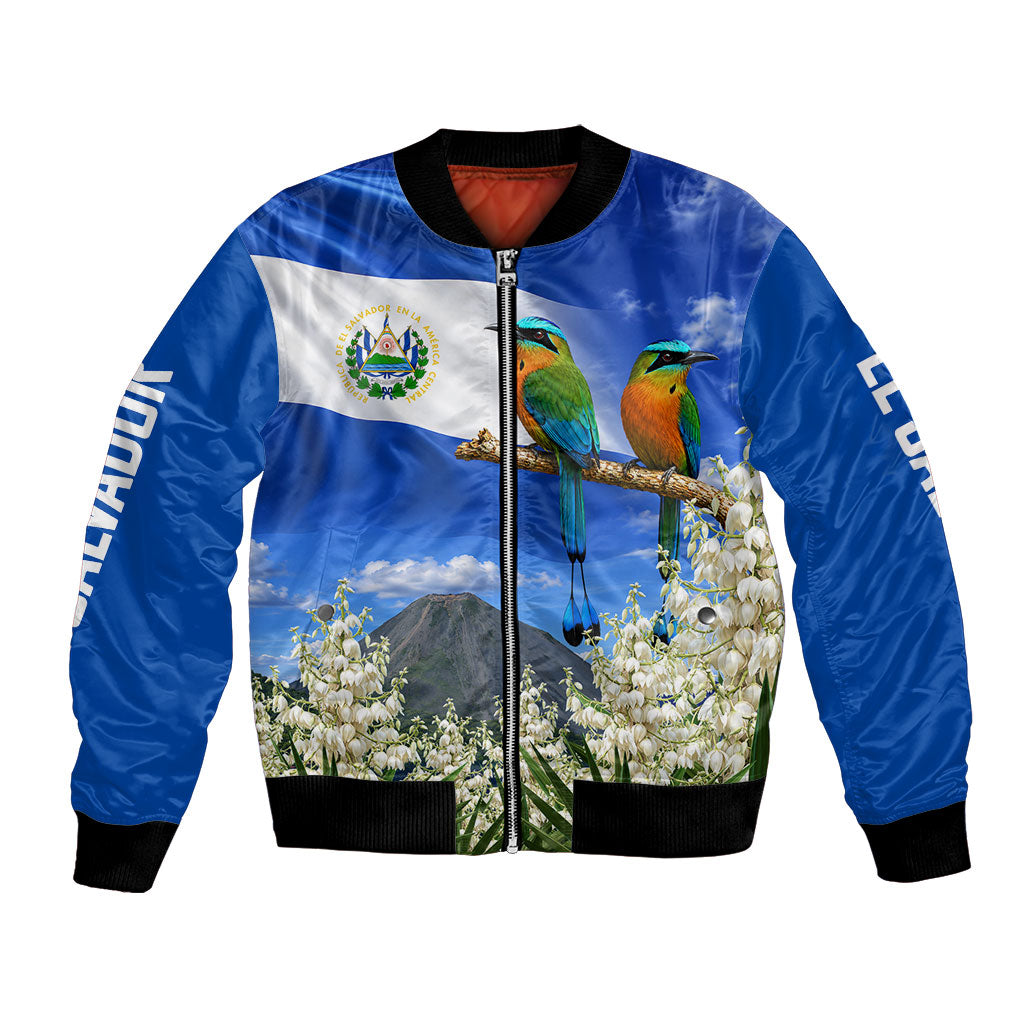 El Salvador Torogoz Bird Bomber Jacket Divine Savior Monument Volcano Flor De Izote Art