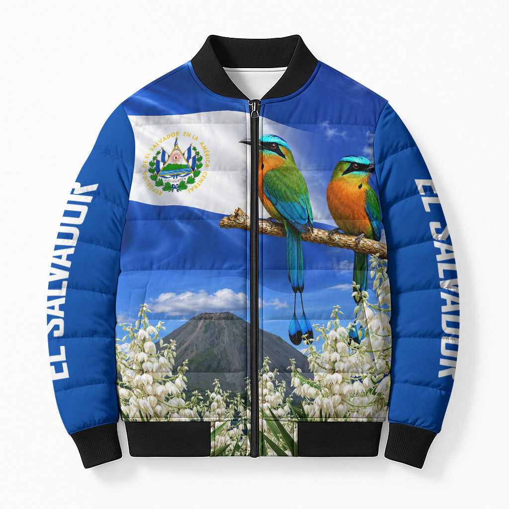 El Salvador Torogoz Bird Bomber Puffer Jacket Divine Savior Monument Volcano Flor De Izote Art