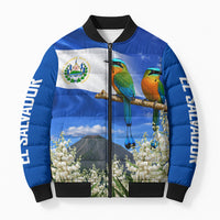 El Salvador Torogoz Bird Bomber Puffer Jacket Divine Savior Monument Volcano Flor De Izote Art