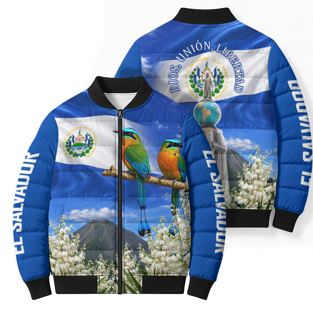 El Salvador Torogoz Bird Bomber Puffer Jacket Divine Savior Monument Volcano Flor De Izote Art