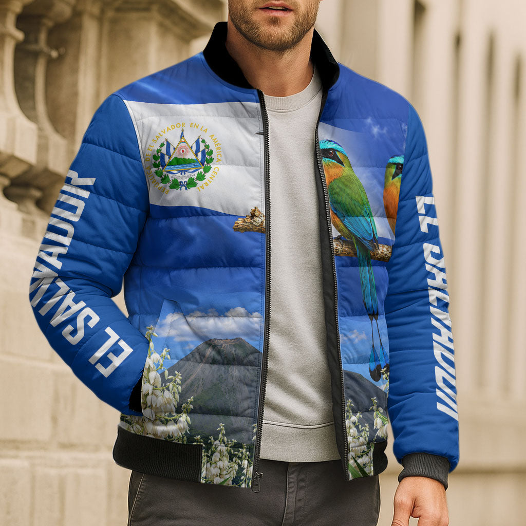 El Salvador Torogoz Bird Bomber Puffer Jacket Divine Savior Monument Volcano Flor De Izote Art