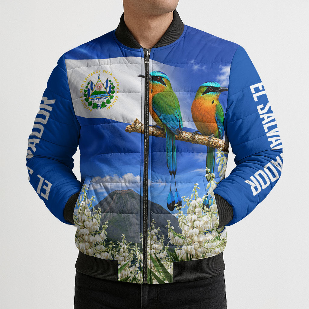 El Salvador Torogoz Bird Bomber Puffer Jacket Divine Savior Monument Volcano Flor De Izote Art