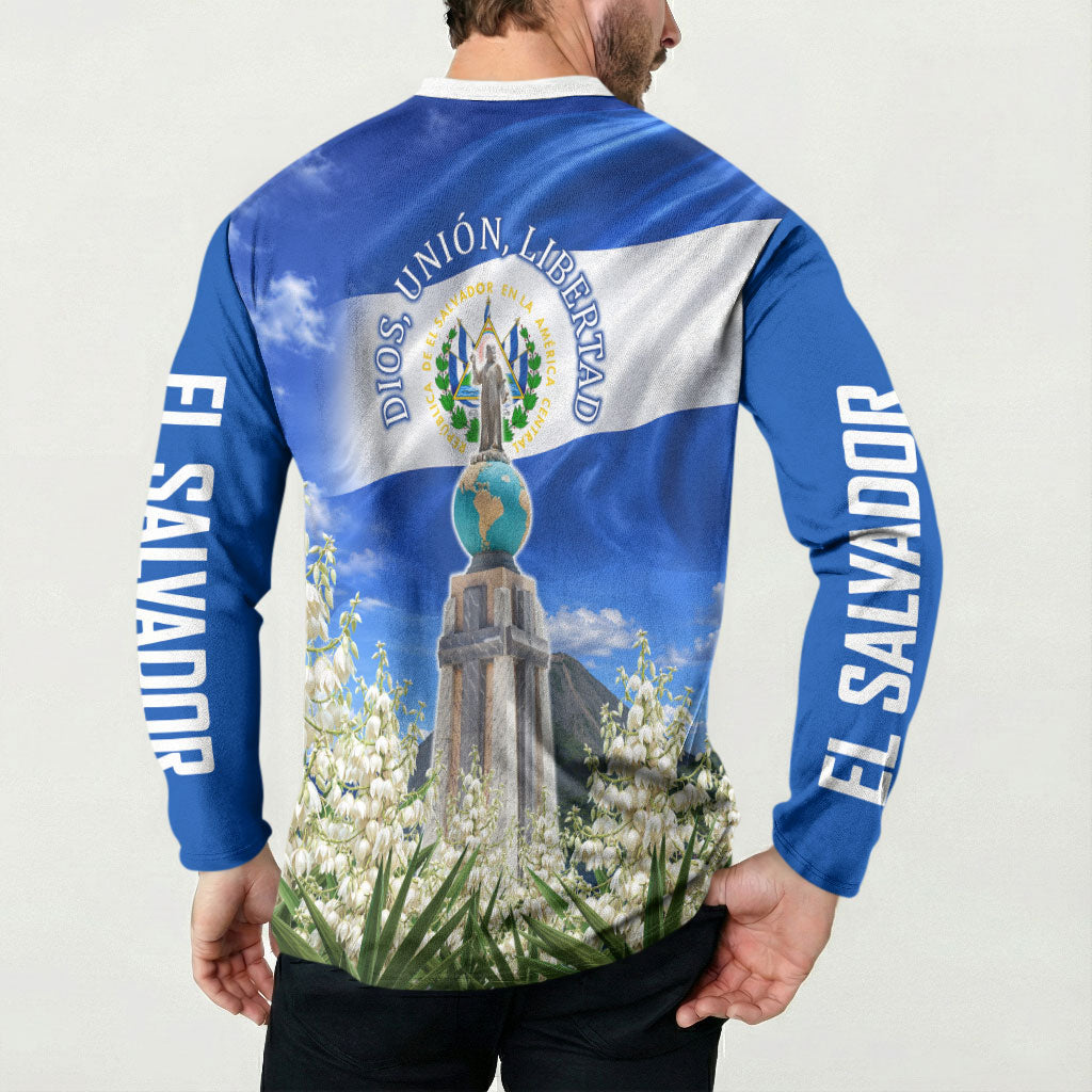 El Salvador Torogoz Bird Button Sweatshirt Divine Savior Monument Volcano Flor De Izote Art