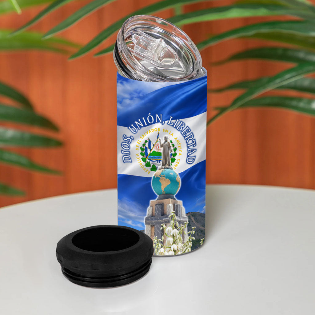 El Salvador Torogoz Bird 4 in 1 Can Cooler Tumbler Divine Savior Monument Volcano Flor De Izote Art