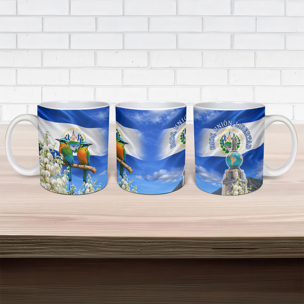 El Salvador Torogoz Bird Ceramic Mug Divine Savior Monument Volcano Flor De Izote Art