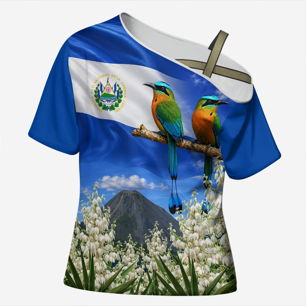 El Salvador Torogoz Bird Cross Shoulder Shirt Divine Savior Monument Volcano Flor De Izote Art