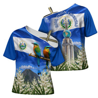 El Salvador Torogoz Bird Cross Shoulder Shirt Divine Savior Monument Volcano Flor De Izote Art