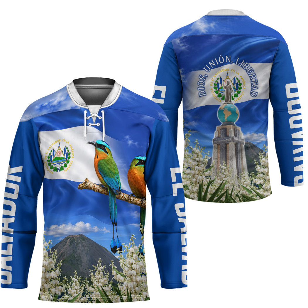 El Salvador Torogoz Bird Hockey Jersey Divine Savior Monument Volcano Flor De Izote Art