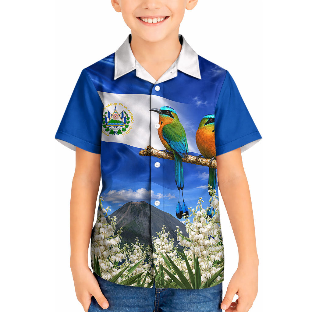 El Salvador Torogoz Bird Kid Hawaiian Shirt Divine Savior Monument Volcano Flor De Izote Art