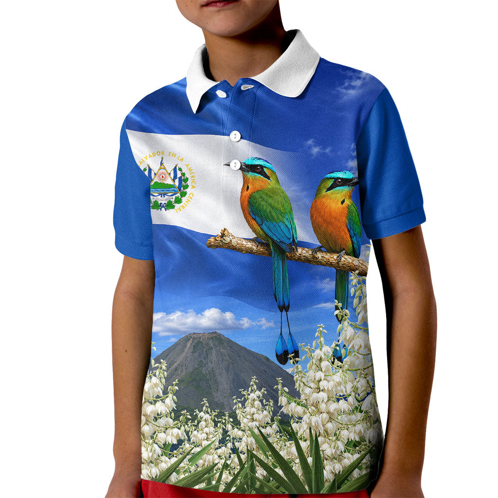 El Salvador Torogoz Bird Kid Polo Shirt Divine Savior Monument Volcano Flor De Izote Art
