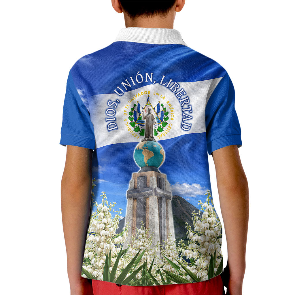 El Salvador Torogoz Bird Kid Polo Shirt Divine Savior Monument Volcano Flor De Izote Art