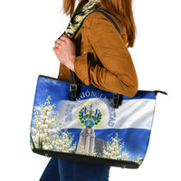 El Salvador Torogoz Bird Leather Tote Bag Divine Savior Monument Volcano Flor De Izote Art