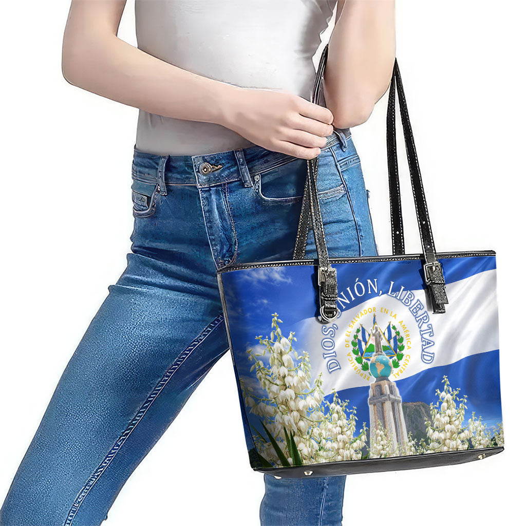 El Salvador Torogoz Bird Leather Tote Bag Divine Savior Monument Volcano Flor De Izote Art