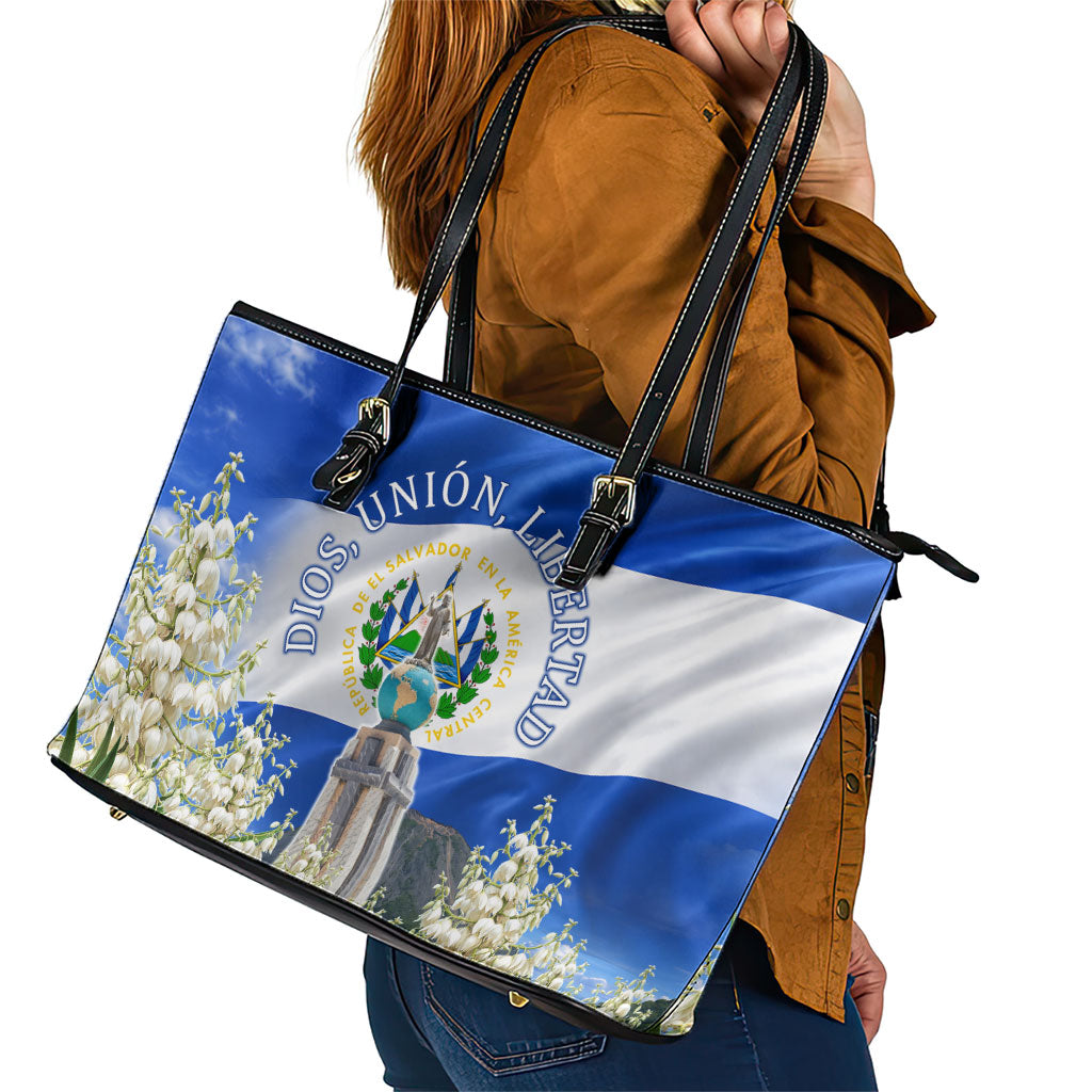 El Salvador Torogoz Bird Leather Tote Bag Divine Savior Monument Volcano Flor De Izote Art