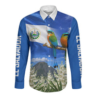 El Salvador Torogoz Bird Long Sleeve Button Shirt Divine Savior Monument Volcano Flor De Izote Art