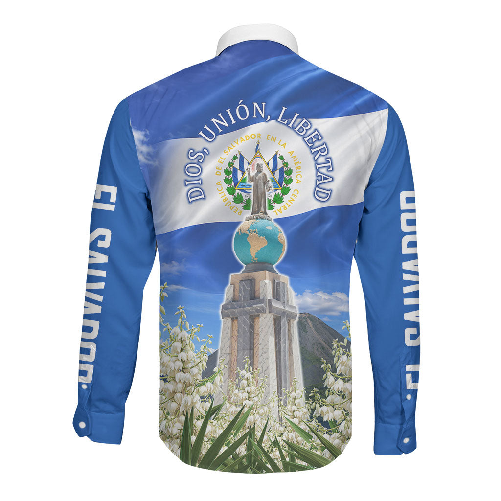 El Salvador Torogoz Bird Long Sleeve Button Shirt Divine Savior Monument Volcano Flor De Izote Art