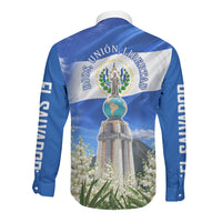 El Salvador Torogoz Bird Long Sleeve Button Shirt Divine Savior Monument Volcano Flor De Izote Art