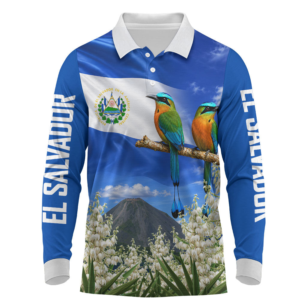El Salvador Torogoz Bird Long Sleeve Polo Shirt Divine Savior Monument Volcano Flor De Izote Art