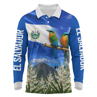 El Salvador Torogoz Bird Long Sleeve Polo Shirt Divine Savior Monument Volcano Flor De Izote Art