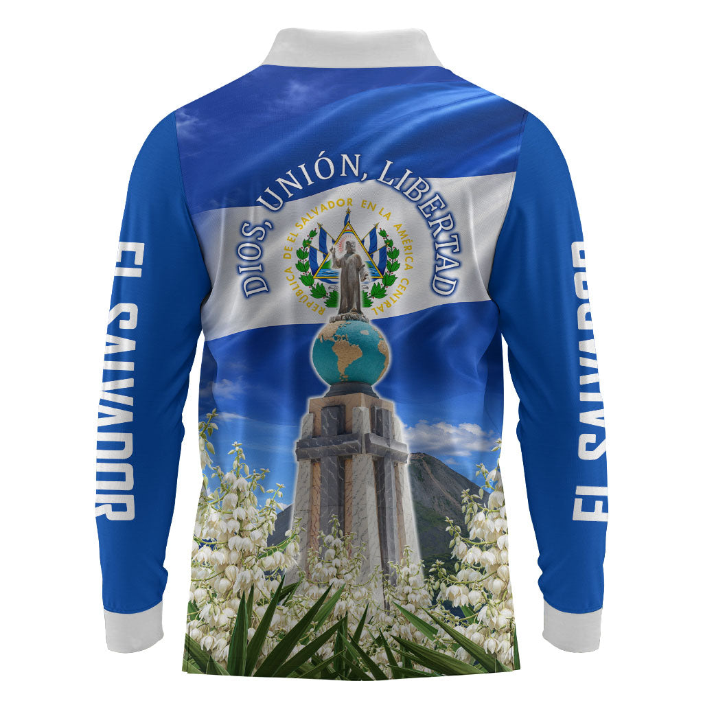 El Salvador Torogoz Bird Long Sleeve Polo Shirt Divine Savior Monument Volcano Flor De Izote Art