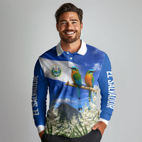 El Salvador Torogoz Bird Long Sleeve Polo Shirt Divine Savior Monument Volcano Flor De Izote Art