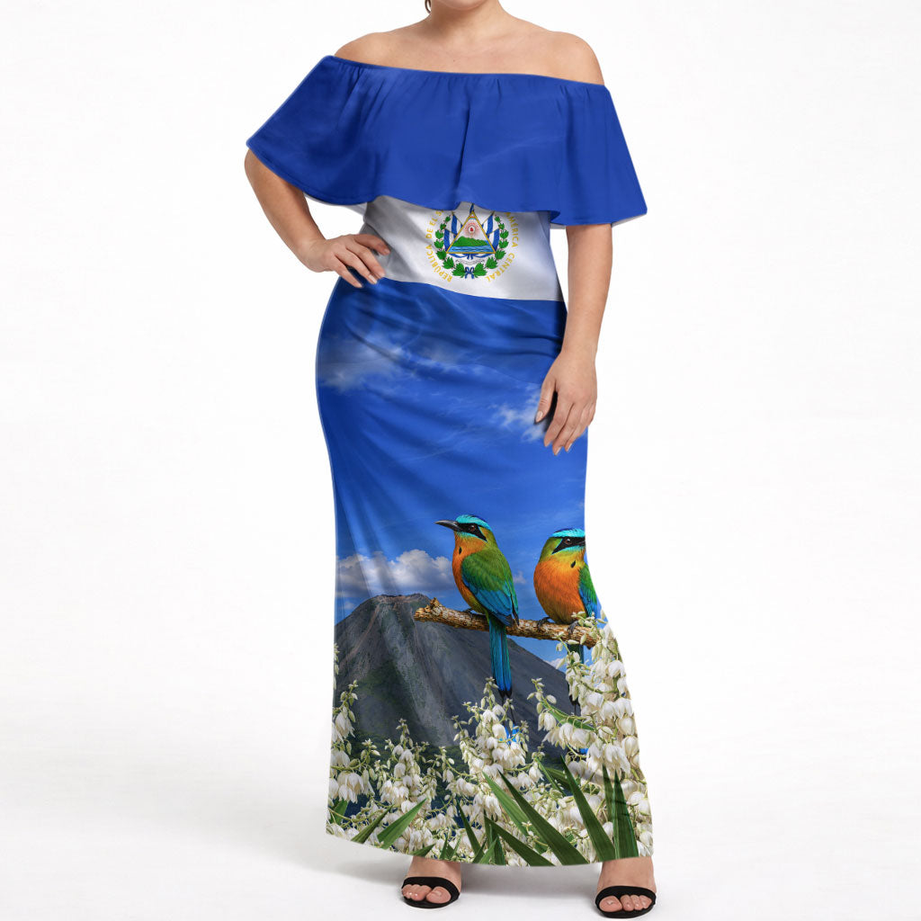 El Salvador Torogoz Bird Off Shoulder Maxi Dress Divine Savior Monument Volcano Flor De Izote Art