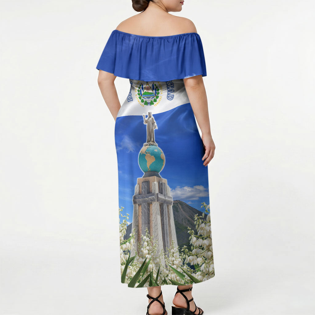 El Salvador Torogoz Bird Off Shoulder Maxi Dress Divine Savior Monument Volcano Flor De Izote Art