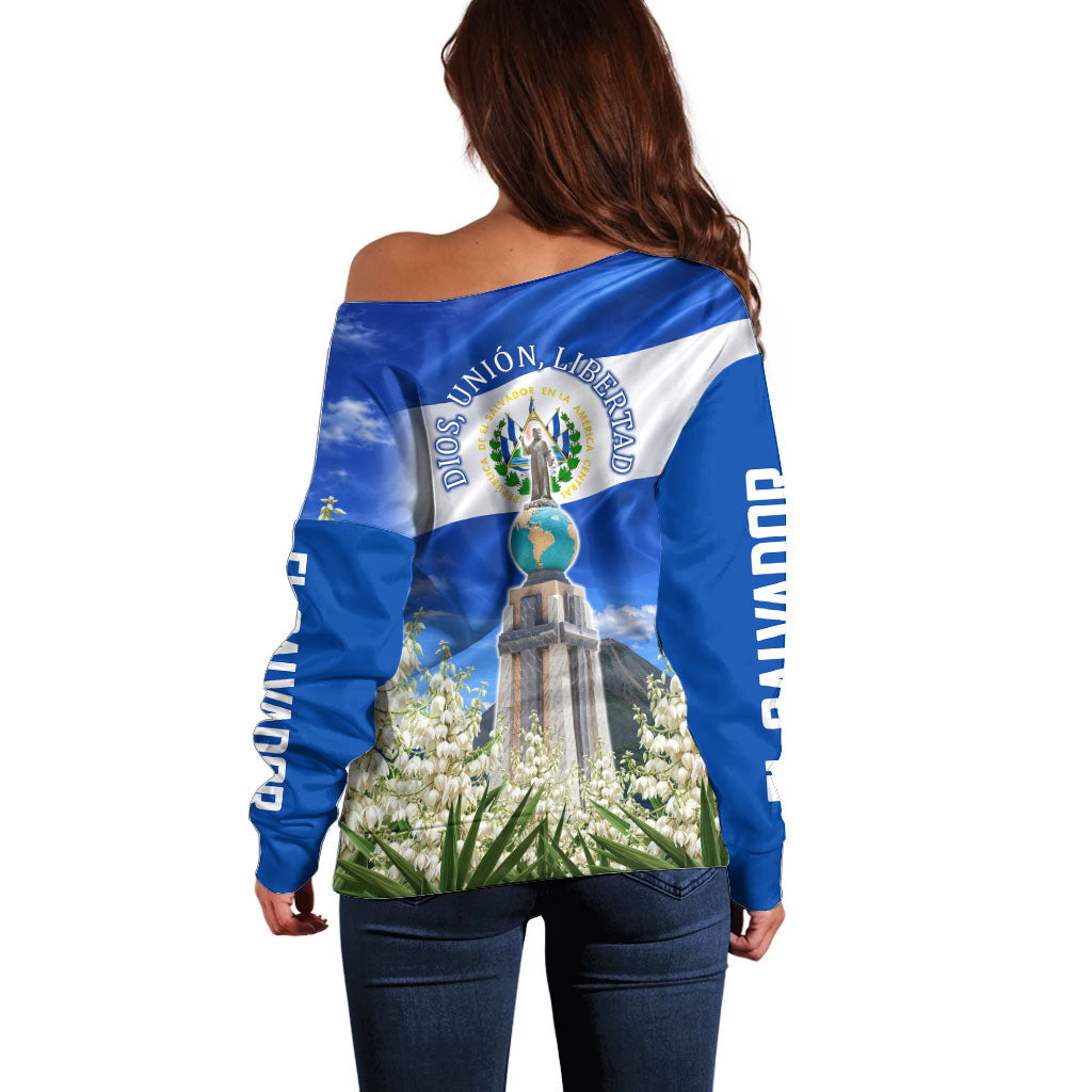 El Salvador Torogoz Bird Off Shoulder Sweater Divine Savior Monument Volcano Flor De Izote Art