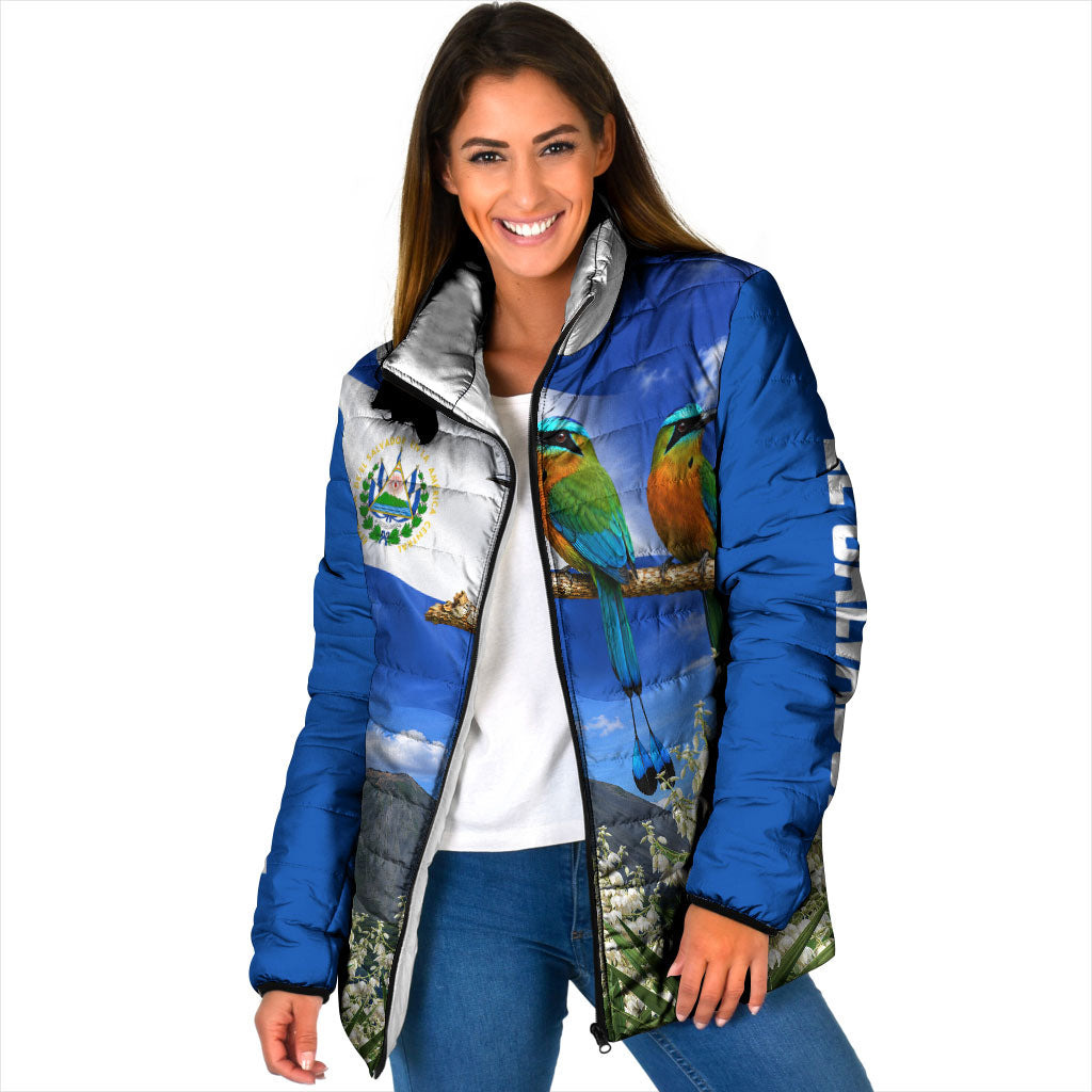 El Salvador Torogoz Bird Padded Jacket Divine Savior Monument Volcano Flor De Izote Art
