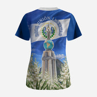 El Salvador Torogoz Bird Scrub Top Divine Savior Monument Volcano Flor De Izote Art
