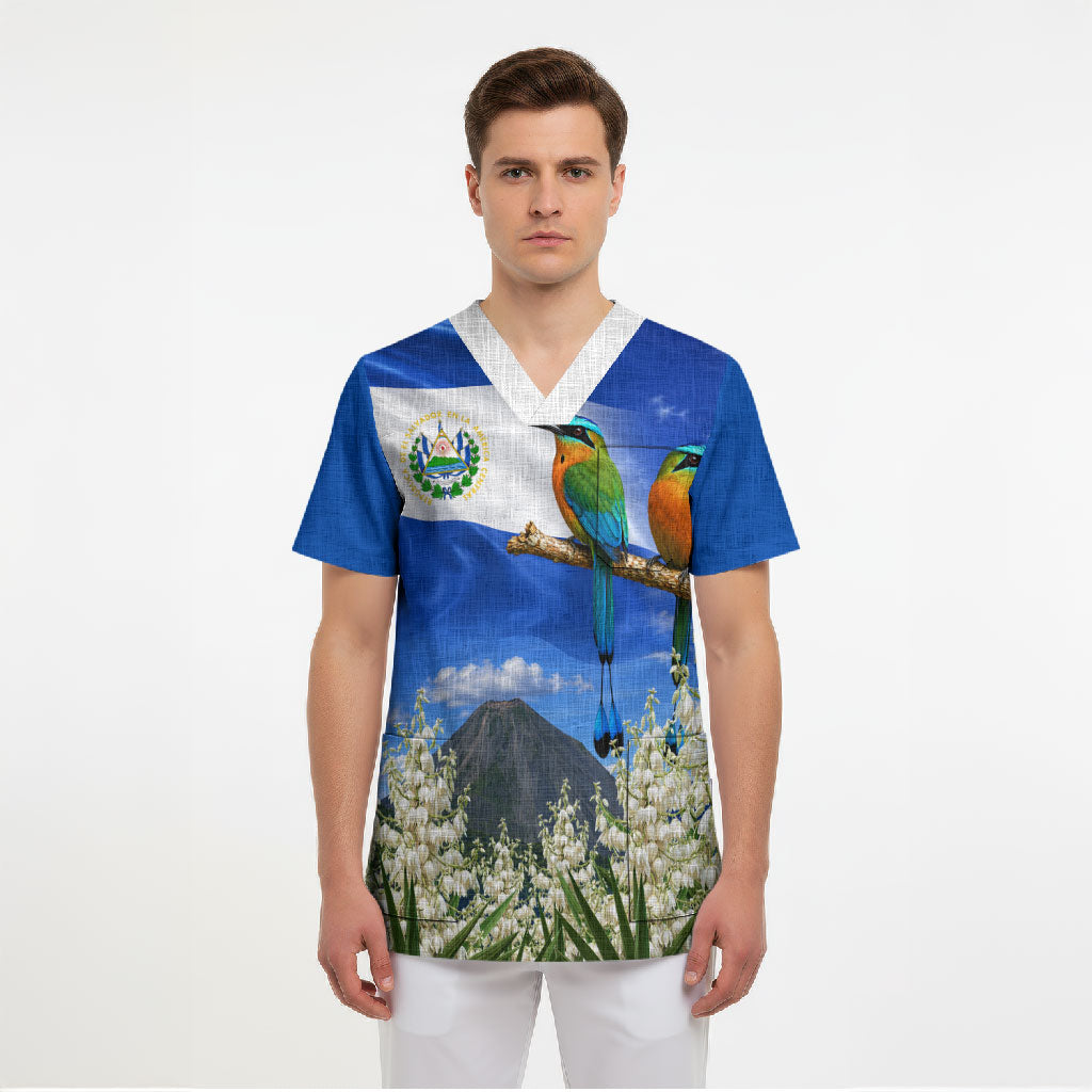 El Salvador Torogoz Bird Scrub Top Divine Savior Monument Volcano Flor De Izote Art