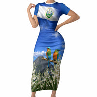 El Salvador Torogoz Bird Short Sleeve Bodycon Dress Divine Savior Monument Volcano Flor De Izote Art