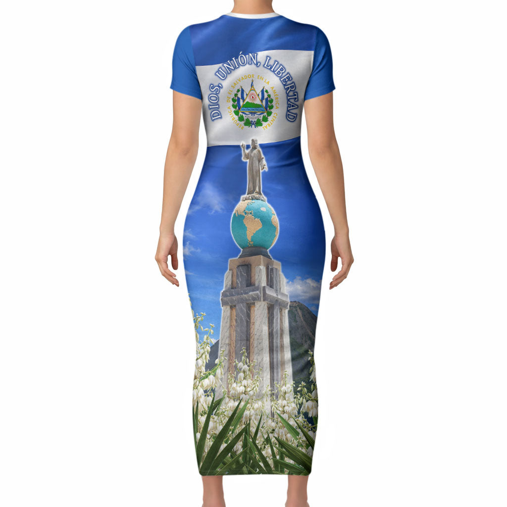 El Salvador Torogoz Bird Short Sleeve Bodycon Dress Divine Savior Monument Volcano Flor De Izote Art