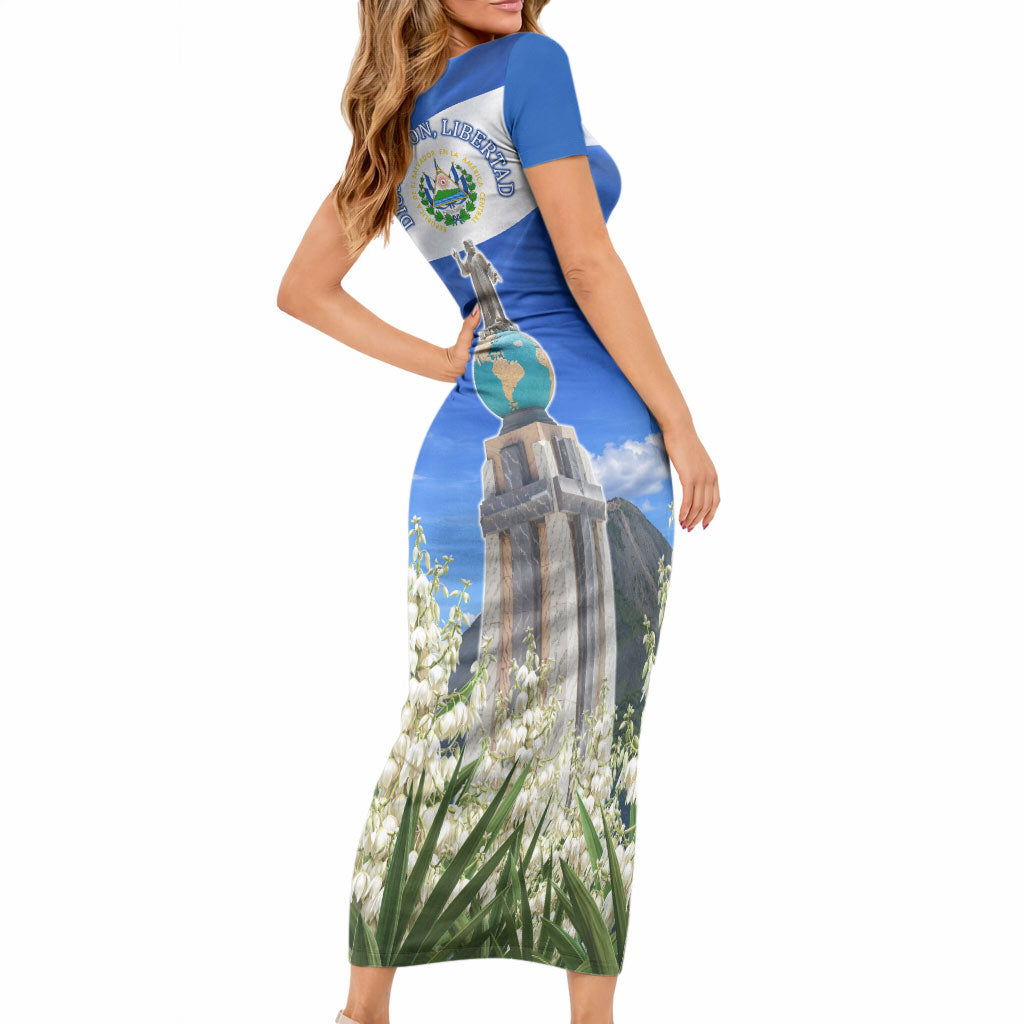 El Salvador Torogoz Bird Short Sleeve Bodycon Dress Divine Savior Monument Volcano Flor De Izote Art