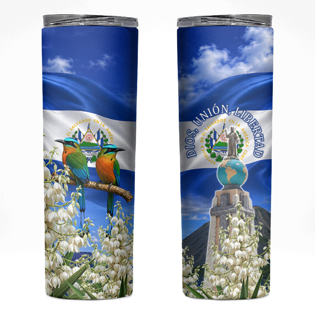El Salvador Torogoz Bird Skinny Tumbler Divine Savior Monument Volcano Flor De Izote Art