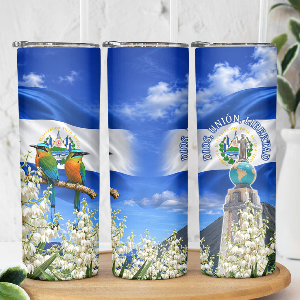 El Salvador Torogoz Bird Skinny Tumbler Divine Savior Monument Volcano Flor De Izote Art