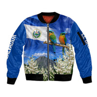 El Salvador Torogoz Bird Sleeve Zip Bomber Jacket Divine Savior Monument Volcano Flor De Izote Art