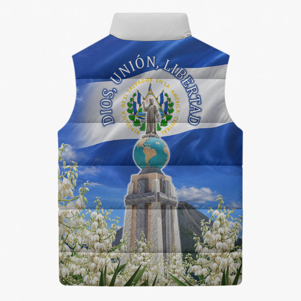 El Salvador Torogoz Bird Sleeveless Puffer Jacket Divine Savior Monument Volcano Flor De Izote Art