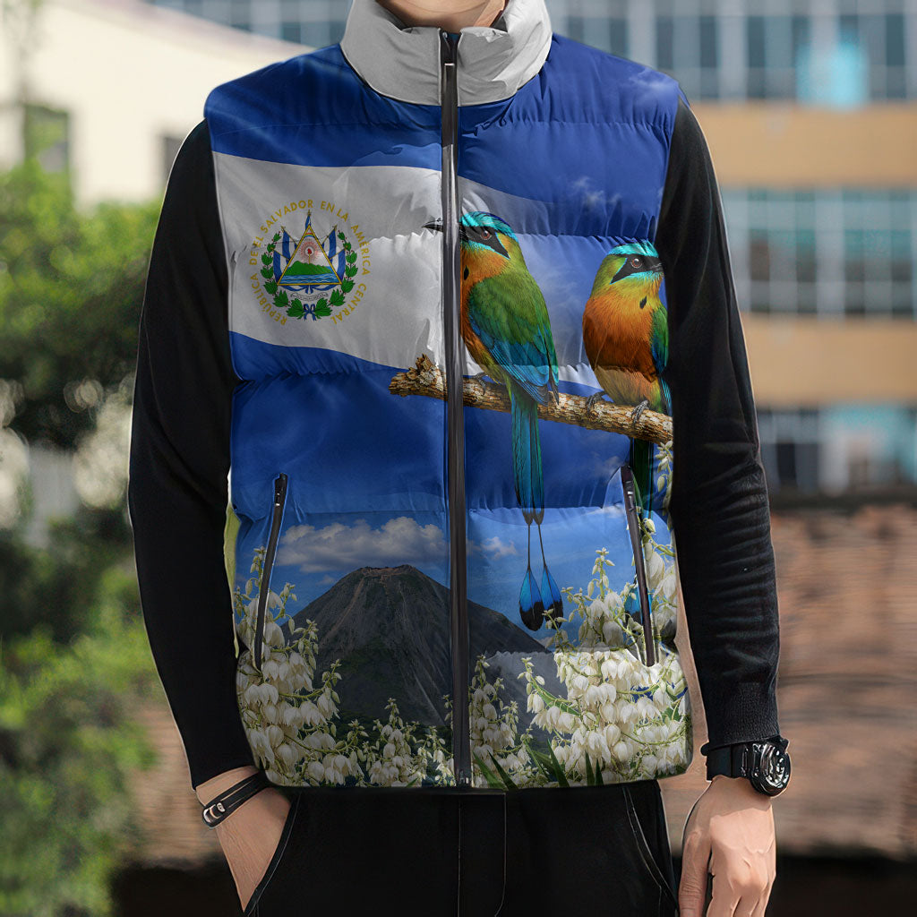El Salvador Torogoz Bird Sleeveless Puffer Jacket Divine Savior Monument Volcano Flor De Izote Art