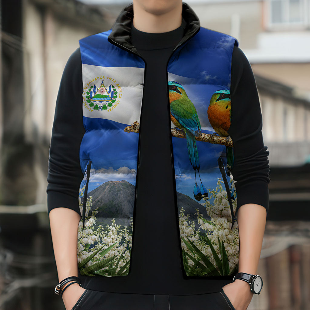 El Salvador Torogoz Bird Sleeveless Puffer Jacket Divine Savior Monument Volcano Flor De Izote Art