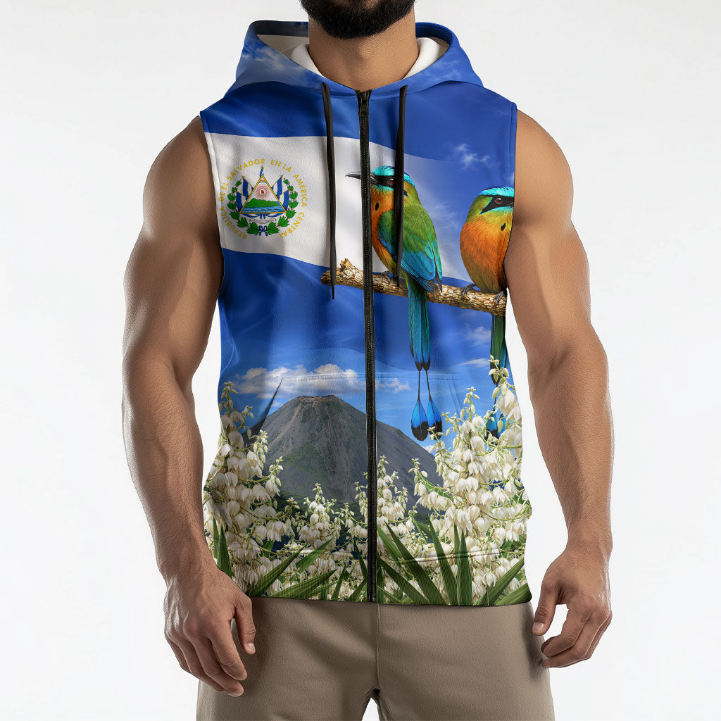 El Salvador Torogoz Bird Sleeveless Zip Hoodie Divine Savior Monument Volcano Flor De Izote Art