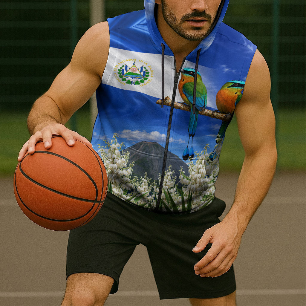 El Salvador Torogoz Bird Sleeveless Zip Hoodie Divine Savior Monument Volcano Flor De Izote Art