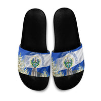 El Salvador Torogoz Bird Slide Sandals Divine Savior Monument Volcano Flor De Izote Art