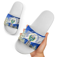 El Salvador Torogoz Bird Slide Sandals Divine Savior Monument Volcano Flor De Izote Art