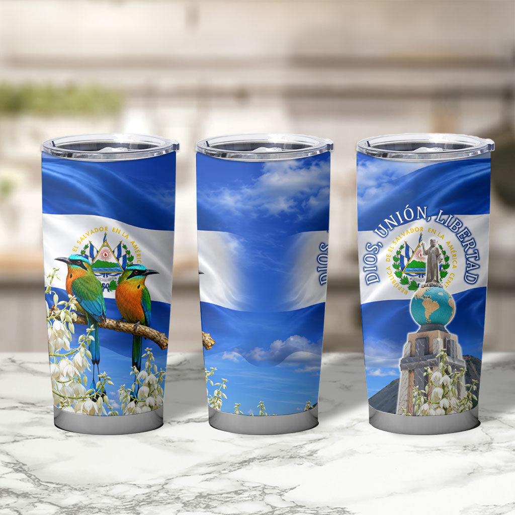 El Salvador Torogoz Bird Tumbler Cup Divine Savior Monument Volcano Flor De Izote Art