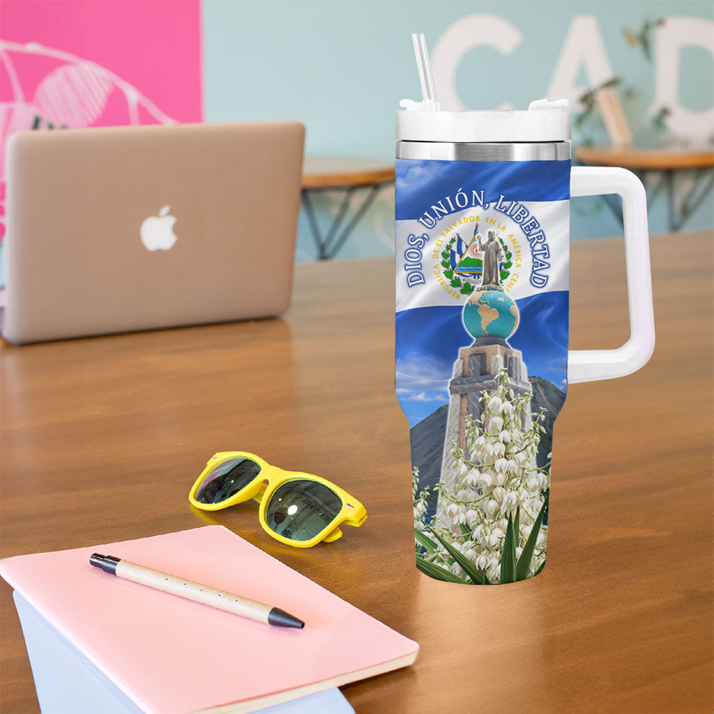 El Salvador Torogoz Bird Tumbler With Handle Divine Savior Monument Volcano Flor De Izote Art
