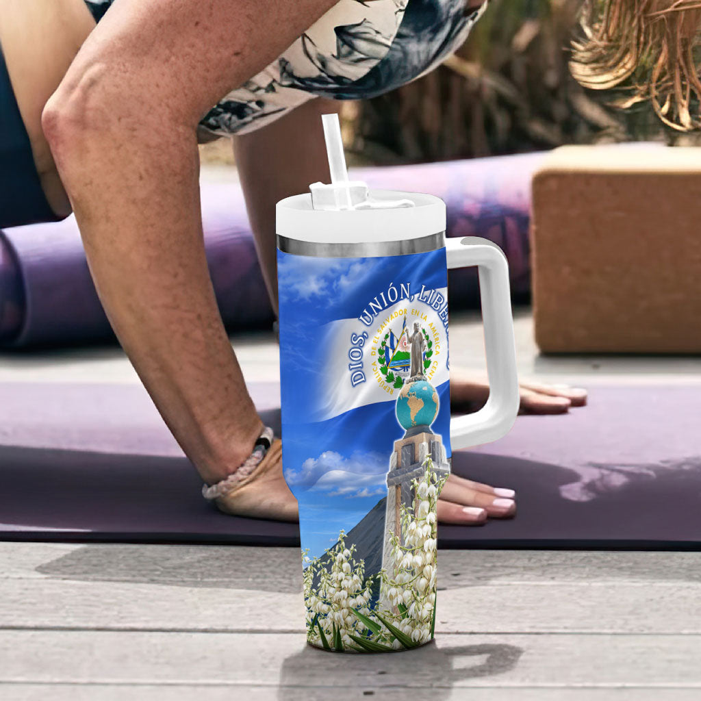 El Salvador Torogoz Bird Tumbler With Handle Divine Savior Monument Volcano Flor De Izote Art