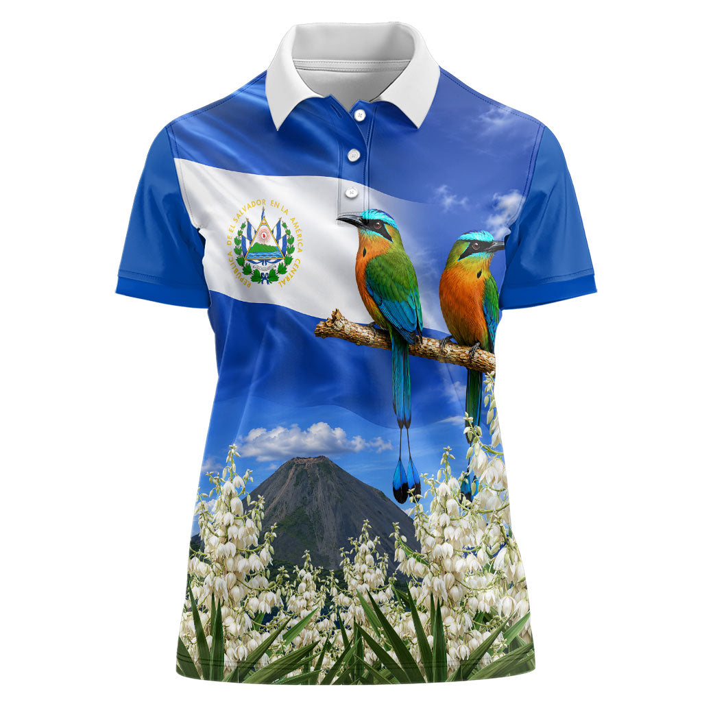 El Salvador Torogoz Bird Women Polo Shirt Divine Savior Monument Volcano Flor De Izote Art